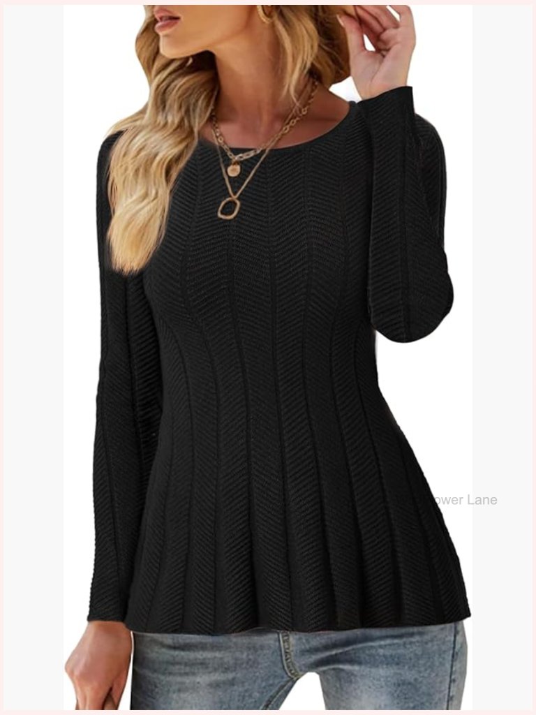 Women's Long Sleeve Crewneck Pleated Peplum Knit Sweater Top